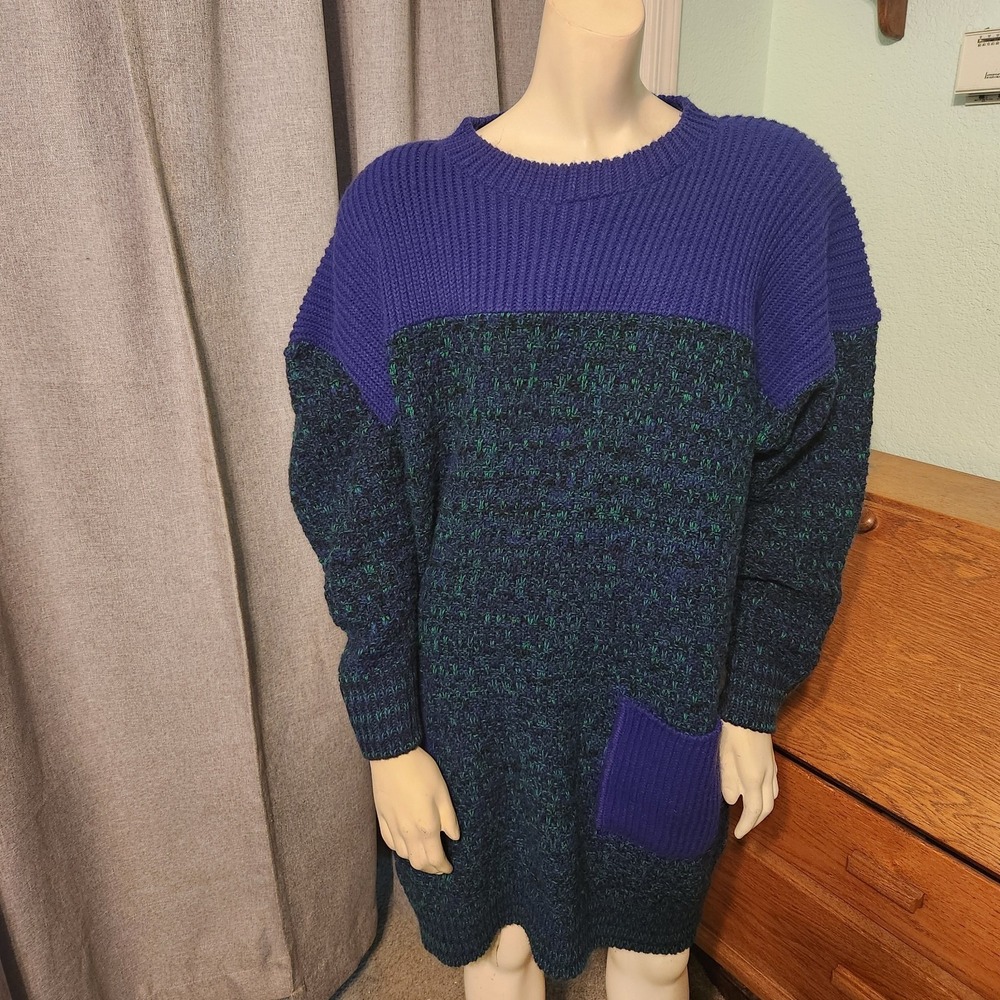 Vtg 80s Bonnie Lee Leroy Oversized Chunky Sweater Dress Purple Teal Made‎ USA